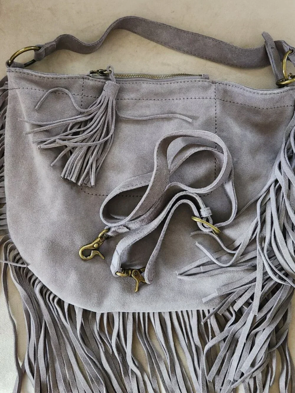 Lucky Brand Rickey Gray Suede Leather Fringe Hobo Bag NWOT